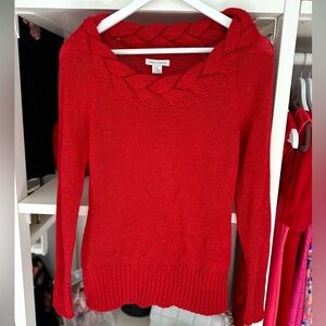 Metallic red sweater with braided crewneck